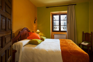 Foto de dormitorio principal rústico de tamaño medio con paredes multicolor