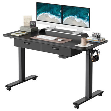 Electric Desk, Rectangular Top With Adjustable Height and Spacious Drawers, Blac