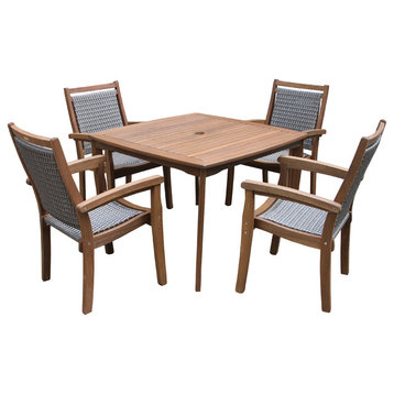 5-Piece Eucalyptus Dining Set with Wicker Stacking Chairs