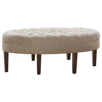 Modern Ottoman, Tufted Polyester Upholstered Seat With Oval Shape, Linen