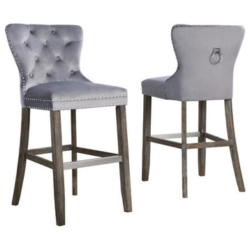 Rustic Gray Velvet Bar Stools with Chrome Handle and Footrest (Set of 2)