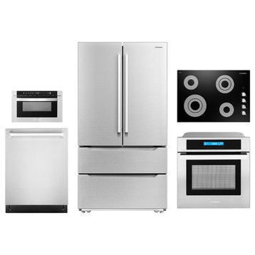 5PC, 30" Cooktop 24" Dishwasher 24" Wall Oven 30" Microwave & Refrigerator