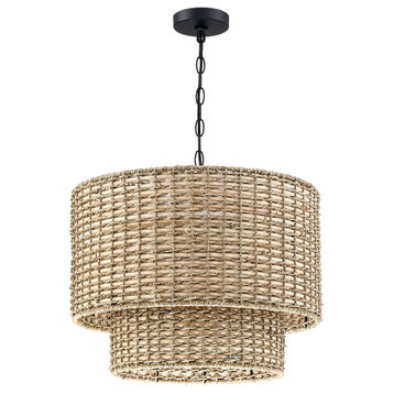 20" W 4-Light Rattan Tiered Drum Chandelier Light With Black Canopy