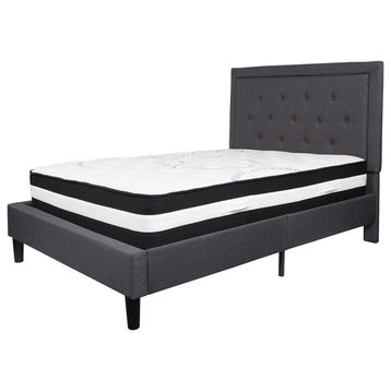Contemporary Full Size Platform Bed, Button Tufting and Mattress, Dark Gray
