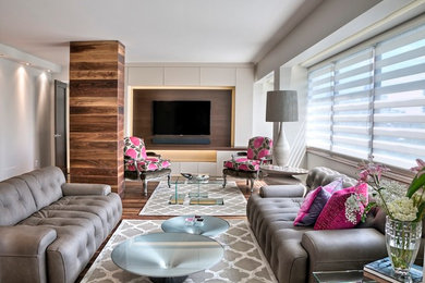 Living room - contemporary living room idea in Montreal with a wall-mounted tv