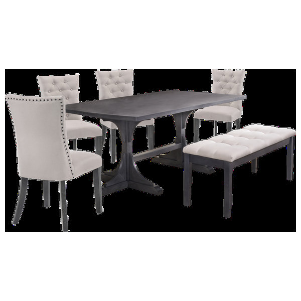Traditional 6-Piece Dining Set With Bench, Light Gray