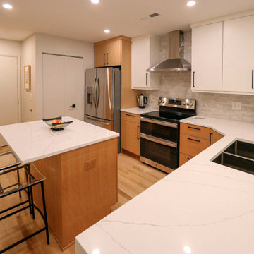 Two Tone Contemporary Euro Beech Wood and White Cabinetry Kitchen