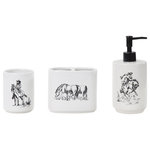 Paseo Road by HiEnd Accents - Ranch Life Countertop Bathroom Set, 3 Piece - Decorate your bathroom countertop with natural scenes of the American frontier with our Ranch Life Countertop Bathroom Set. In a versatile black-and-white colorway, each piece depicts images of riding cowboys, bucking broncos, and grazing remuda to bring a whimsical Western flair to your bathroom. Complete your Western home with other items from our Ranch Life Collection.