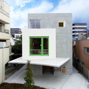 東京23区のコンテンポラリースタイルのおしゃれな家の外観 (コンクリートサイディング、グレーの外壁、陸屋根) の写真