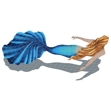 Swimming Mermaid Ceramic Swimming Pool Mosaic, 28"x60" With Shadow