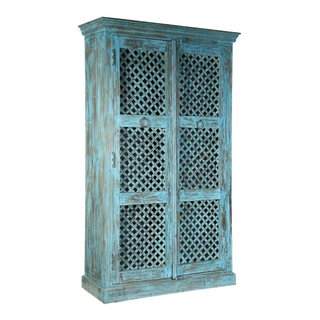 Victorian Turquoise Mango Wood Clothing Armoire Wardrobe With Drawers.