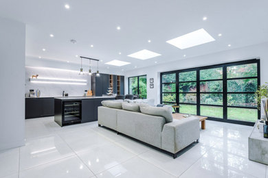 Modern living room in Manchester with porcelain flooring.