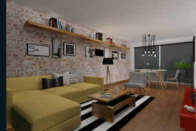Foto de salón para visitas cerrado moderno de tamaño medio sin chimenea con suelo laminado, televisor independiente, suelo marrón, papel pintado y alfombra