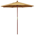 March Products - 7.5' Wood Umbrella, Wheat - The classic look of a traditional wood market umbrella by California Umbrella is captured by the MARE design series.  The hallmark of the MARE series is the beautiful 100% marenti wood pole and rib system. The dark stained finish over a traditional marenti wood is perfect for outdoor dining rooms and poolside d- cor. The deluxe push lift system ensures a long lasting shade experience that commercial customers demand. This umbrella also features Sunbrella fabrics, which are built on a foundation of solution-dyed acrylic yarn, the most resilient and solid material for prolonged sun exposure, to offer even longer color retention rating than competing material sources.