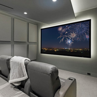 Inspiration for a contemporary enclosed carpeted and gray floor home theater remodel in Miami with gray walls