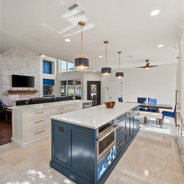 Navy Blue Kitchen Island with Built-In Microwave Drawer and Brass Pulls