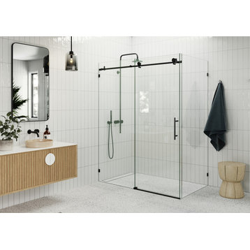 56"-60"x32"x78" Frameless Sliding Shower Door With Return Panel, Matte Black