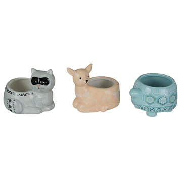 3 Forest Critters Raccoon Deer and Tortoise Dolomite Ceramic Mini Planters