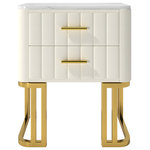 Homary - White Modern Small 2 Drawers Nightstand With Faux Marble Top and Gold Base - Modern nightstand in wood with a simple and luxury design that emphasizes versatility. Its circular arc edge design, whether facing outwards or toward the wall, gives the piece a visually delicate appearance. The velvet upholstered decor is at once luxurious and modern, elegant and casual. The nightstand is available in white choice, with a golden frame, you can take your home to the highest notch. The nightstand creates an excellent mood that will help you decor your home design. This nightstand is ideal for mixing and matching with other bedroom furniture to create a personalized sanctuary. In addition, it also can be utilized as a side table.