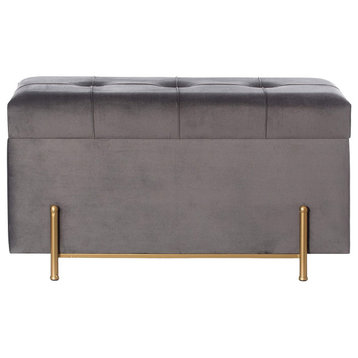 Elegant Storage Ottoman, Golden Legs and Velvet Upholstered Seat, Grey