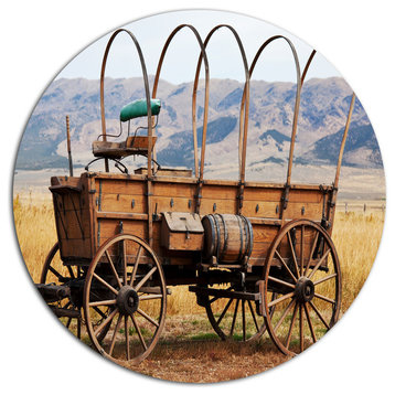 Old American Cart In Grassland, Landscape Round Wall Art, 11"