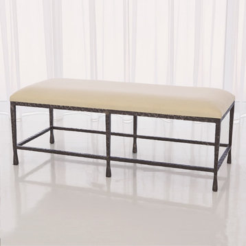 Minimalist Modern Long Natural Bench   Iron Frame Customizable Cushion Open