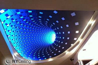 Fabric seamless stretch ceiling with 3D print "Dark hole" and LED strip lighting