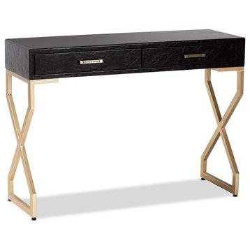 Elegant Console Table, Hourglass Golden Legs and Dark Brown Faux Leather Cover