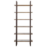 Uttermost - Olwyn Etagere - This forged iron framed etagere, finished in aged steel with light distressing features six display shelves with driftwood finished surrounds, inset with clear glass.