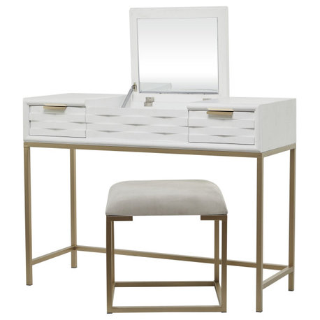 Contemporary Vanity Set, Top With Flip Up Mirror & Cushioned Stool, White