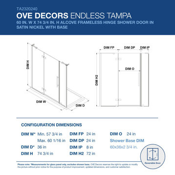 Endless TA2320240 Tampa Alcove and Base 60" W x 74 3/4" H SN