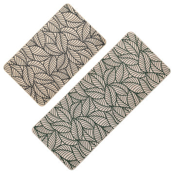 Set of 2 Jungle Printed Kitchen Mats Beige Leaves Design