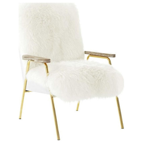 Modway Sprint Wool Vinyl and Solid Oak Wood Sheepskin Armchair in Brown/White