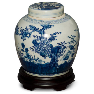 Blue and White Flower Motif Porcelain Chinese Jar