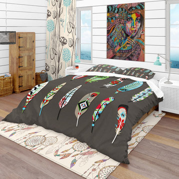 Feathers Painted With Ethnic Pattern Southwestern Duvet Cover, Queen