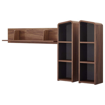 Modern Lounge Lobby Wall Bookcase Shelf Rack, Wood, Natural Walnut Gray Grey
