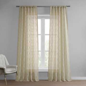 Calais Tile Patterned Linen Sheer Curtain Single Panel, Beige, 50"x96"