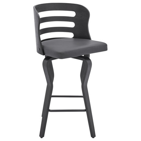 Verne 26" Swivel Gray Faux Leather and Black Wood Bar Stool