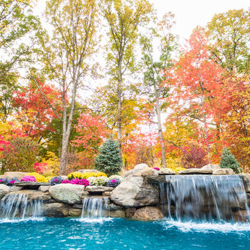 Freeform swimming pool with a raised spa and grotto, Mahwah, NJ