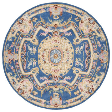 Safavieh Savonnerie 6' Round Hand Tufted Wool Rug in Blue and Ivory