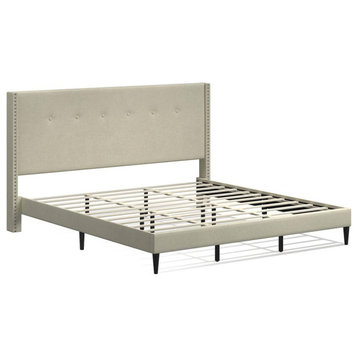 MCM Upholstered Platform Bed, Beige, King