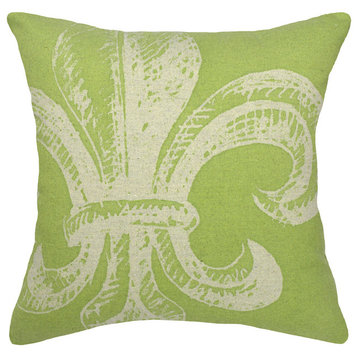 Fleur De Lis Printed Linen Pillow With Feather-Down Insert, Chartreuse Green