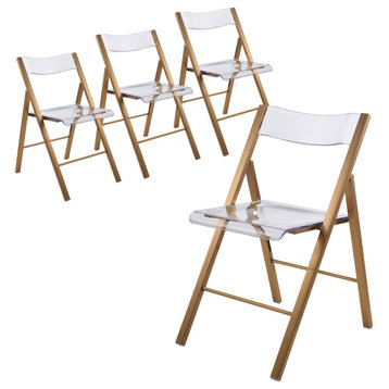 LeisureMod Menno Folding Chair With Stainless Steel Frame Set of 4, Clear