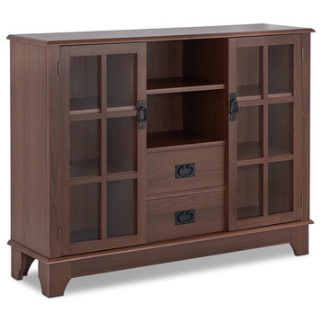 Midcentury Storage Cabinet, 2 Drawers & 2 Glass Doors With Inner Shelves, Walnut