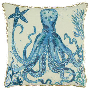 Octopus Design Throw Pillow With Down Filling, Navy Blue, 20"