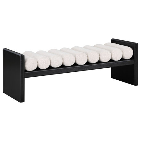 Waverly Boucle Fabric Upholstered Bench, Cream, 52" Wide, Black Finish