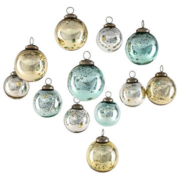 Set of 12 Vintage Style Glass Ball Ornaments for Xmas Tree, Gold, Blue & Silver