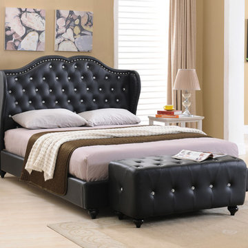 Black Faux Leather Crystal Button Tufted Upholstered Platform Slat Bed (Wood Fra
