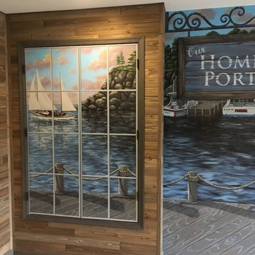 New England Harbor Town Mural, hand painted throughout a lower level
