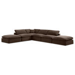 Meridian Furniture - Comfy Upholstered L-Shaped Modular Sectional, Brown, 6-Piece: 3 Armless Chair, 1 Corner Chair, 2 Ottoman, Velvet - Give your space a whole new look with this brown Comfy velvet sectional. This handsome sectional fits nicely with other items in the Comfy collection and is a versatile seating option designed for adaptability, comfort and style. Wrapped in rich brown durable velvet upholstery, this sectional offers a plush embrace of overstuffed down feather cushions, carefully crafted to deliver the highest level of comfort. The perfect seat for creating an oasis for relaxation, this sectional has thick foam surrounding its frame for added support and coziness.
